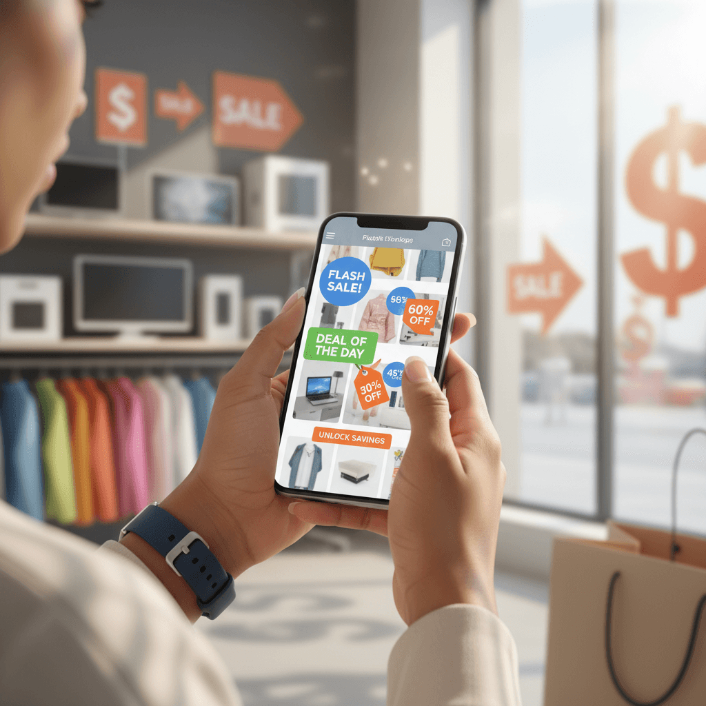 Smartphone showing a digital coupon against a workspace background